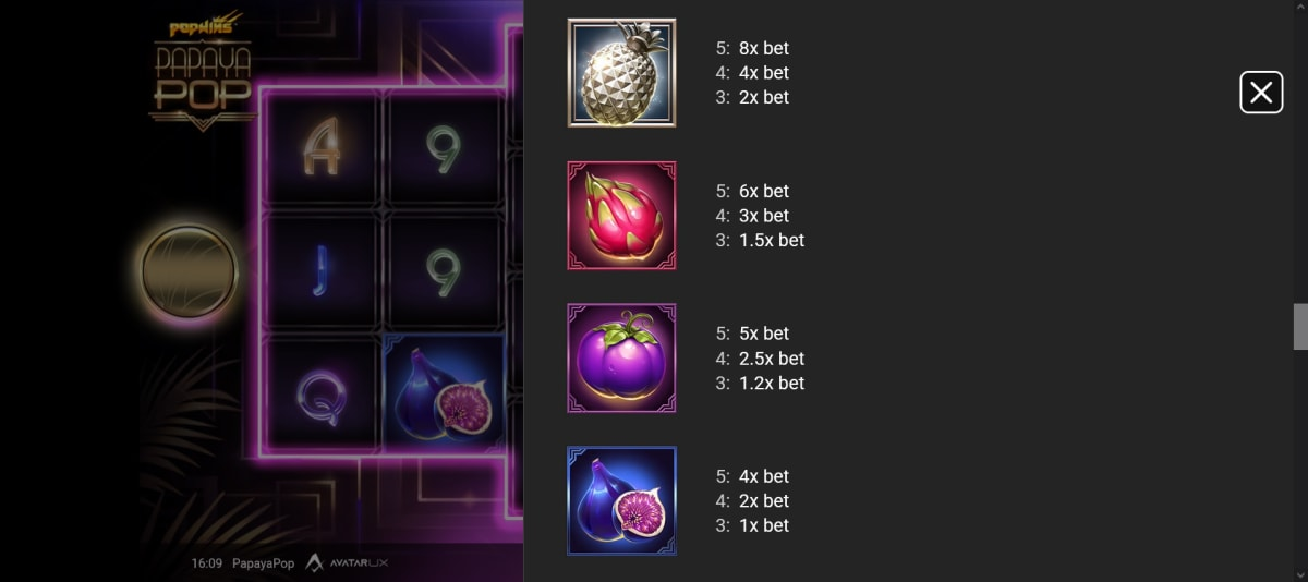 Papayapop Slot Paytable - partycasino